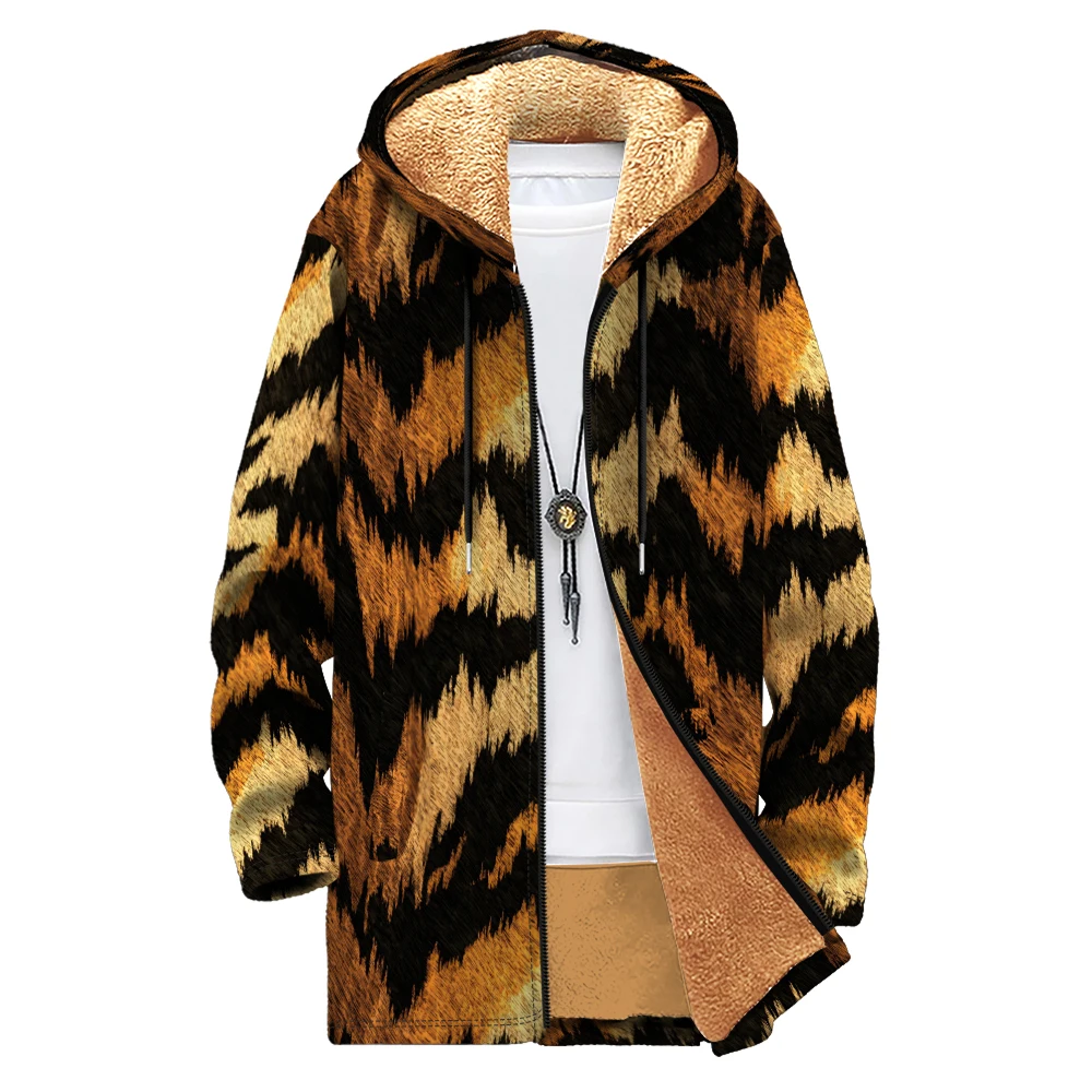 Tiger-Inspired Printed Men Cardigan Coats Abstract Fleece Plush Thick Long Parka Jacket Warm Outerwear Unisex Plus Size Clothing
