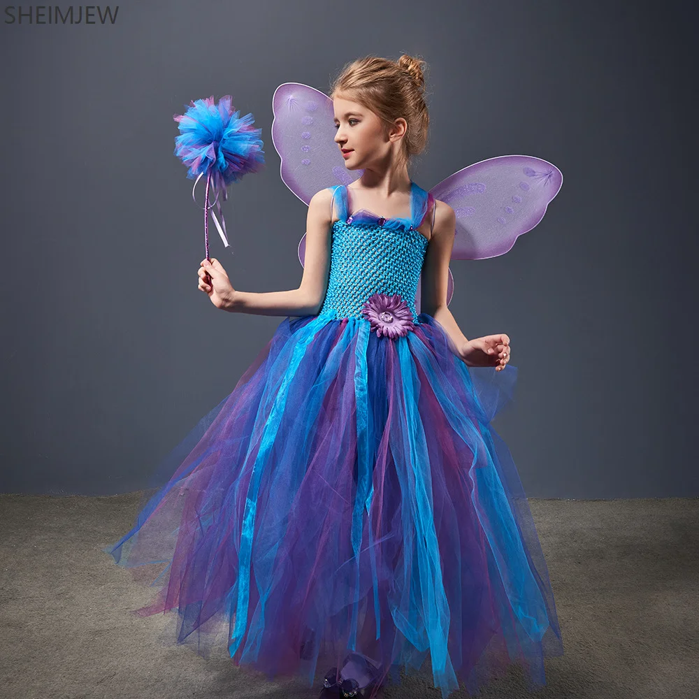 Fairy Princess Girls Blue Ballet Tutu Wings Wand Set Children's Birthday Party Beauty Pageant Ball Dress Purim Carnival Skirt