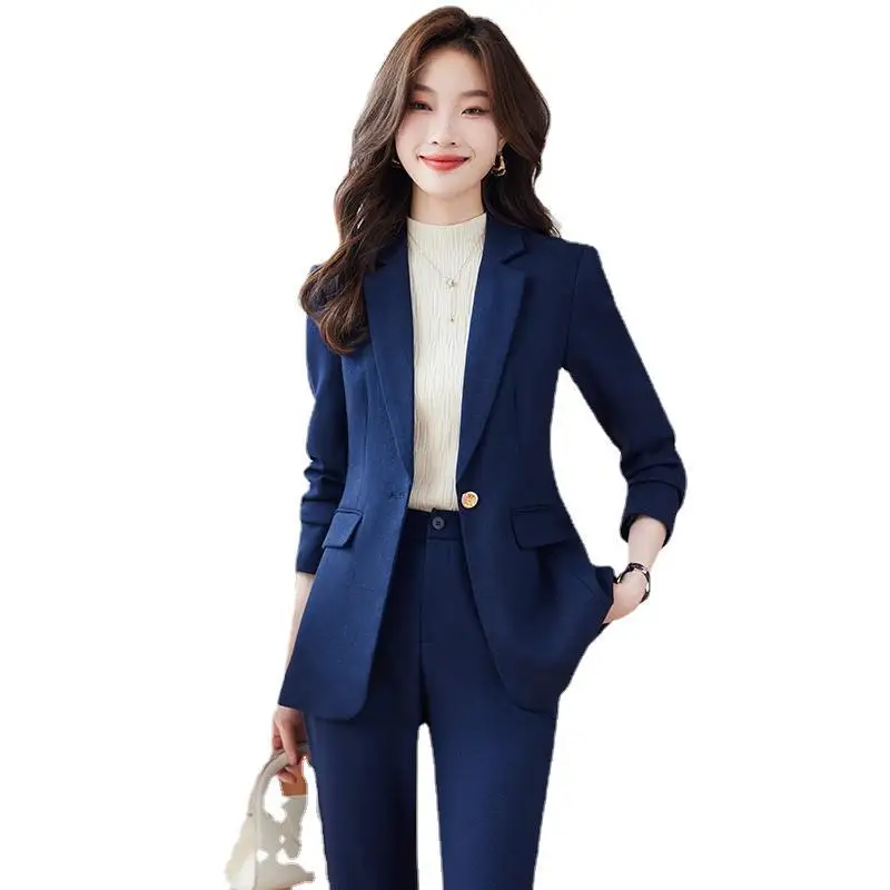 Pink Blue Black Women Pant Suit High Quality 2 Piece Set Office Ladies OL Girl Formal Jacket Blazer And Trousers For Work Wear