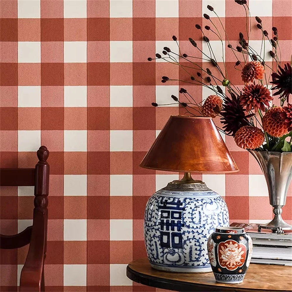 custom  French fresh grid wallpaper for living room bedroom dining room minimalist homestay hotel Red British grid wall paper 3D