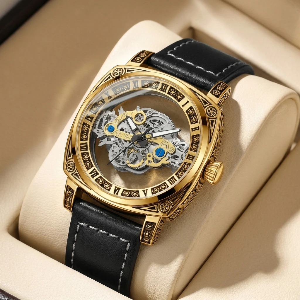 1 Stück Vintage Skelett-Automatikuhr mit römischen Ziffern, individueller Dekoration und schwarzem Lederarmband