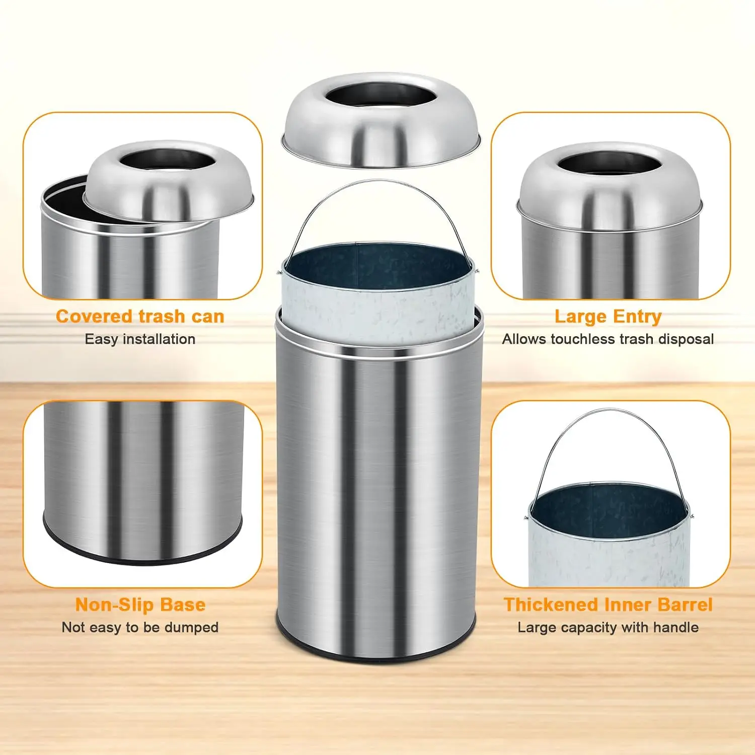 50/70L Stainless Steel Trash Can Open Top Double Layer Garbage Waste Bucket for Bathroom Kitchen Bedroom Office Desk Home Living Room Hotel Cleaning Tools