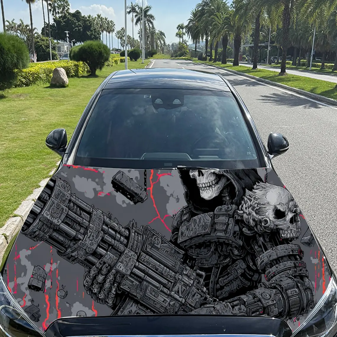 غامض الخيال العلمي - Fi الميكانيكية الجمجمة PVC محرك السيارة يلتف الفينيل، ذاتية اللصق للماء غطاء السيارة ملصق لاصق لامع ورائع، ديكور السيارة
