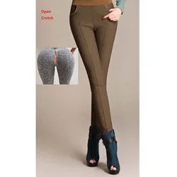 Open Crotch Autumn and Winter Fleece-Lined Thick Leggings Women's Outer Wear Slim Fit Slimming Tappered Pencil Pants Korean