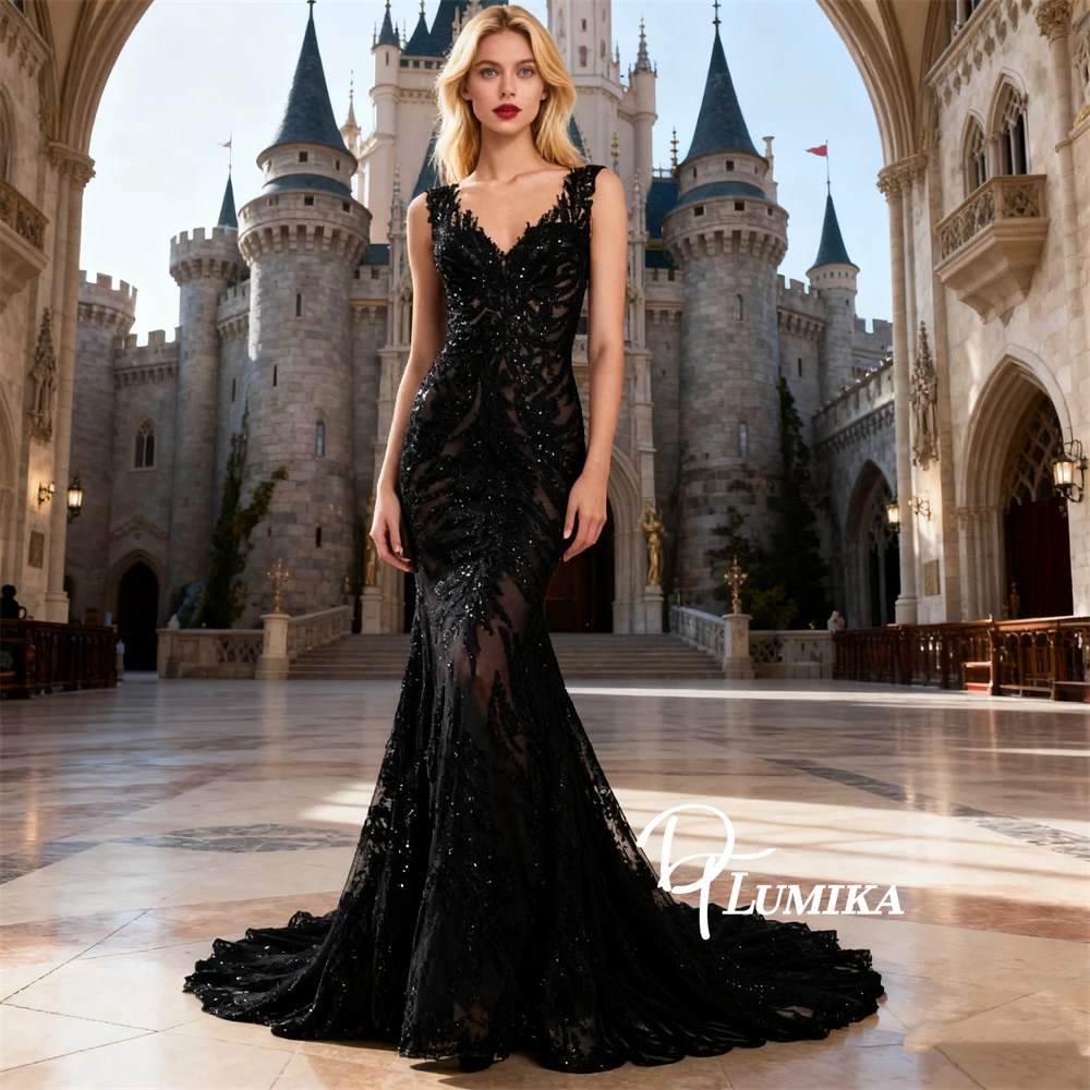 

DTLumika Black Illusion Beaded Formal Evening Dress Tank Sleeves V Neck Long Prom Dresses Customized Lace Party Gown