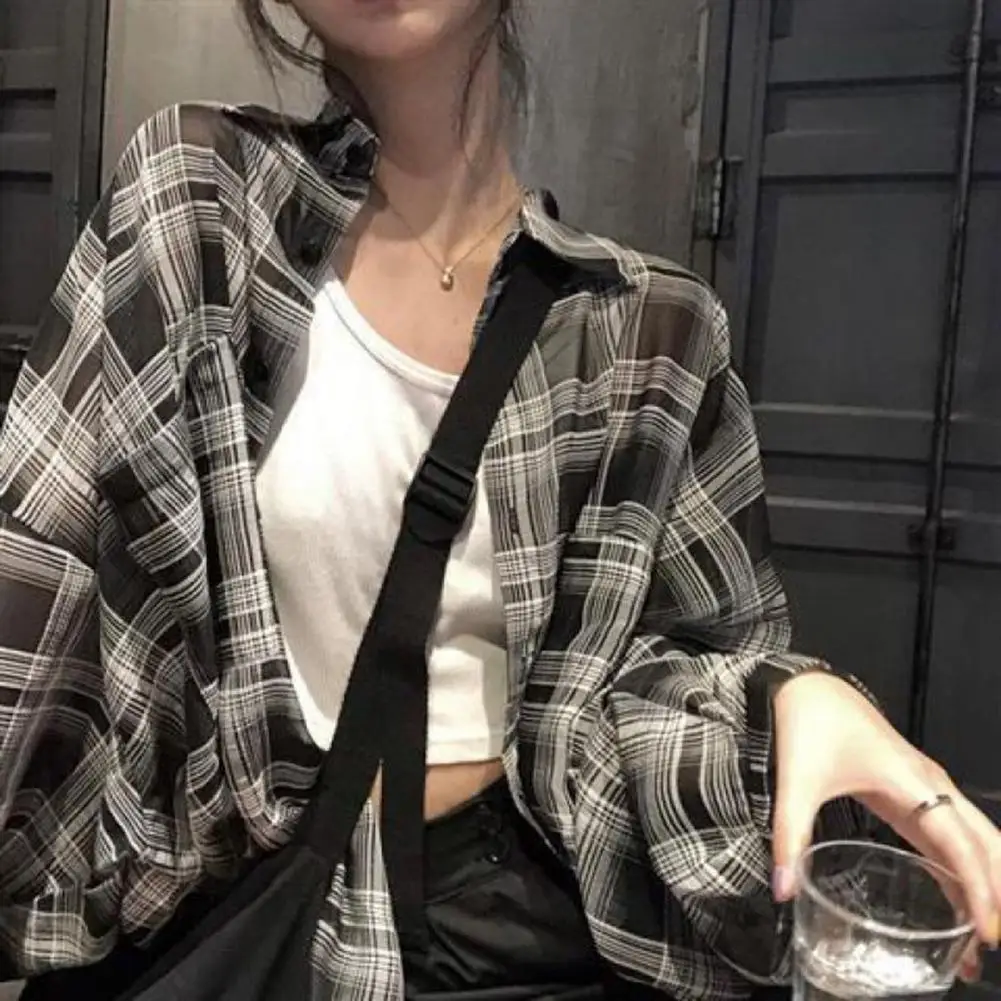 

Casual Women Top Lightweight Plaid Print Women's Shirt Loose Fit Long Sleeve Single-breasted Lapel Collar Summer Cardigan Long