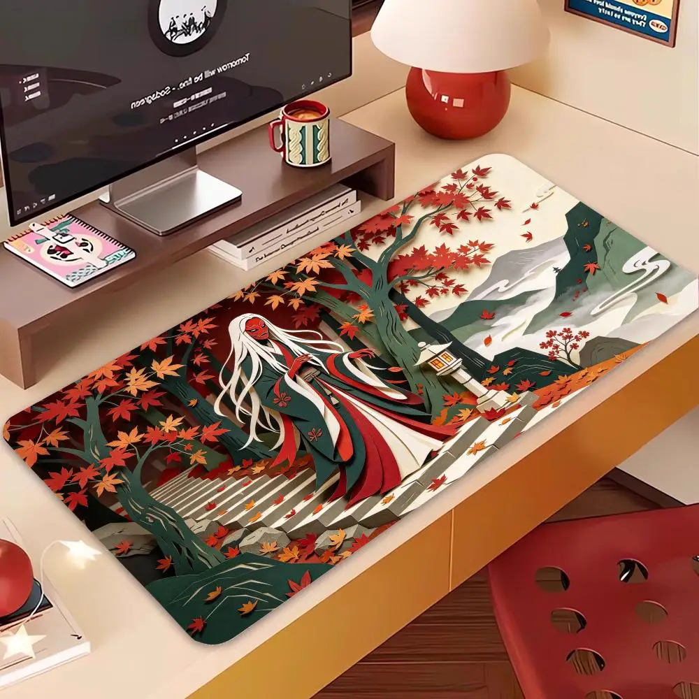 Shrine Priestess Forest Scene Desk Mat Thick Rubber Base Smooth Surface Large Size For Office Study Desk Decor