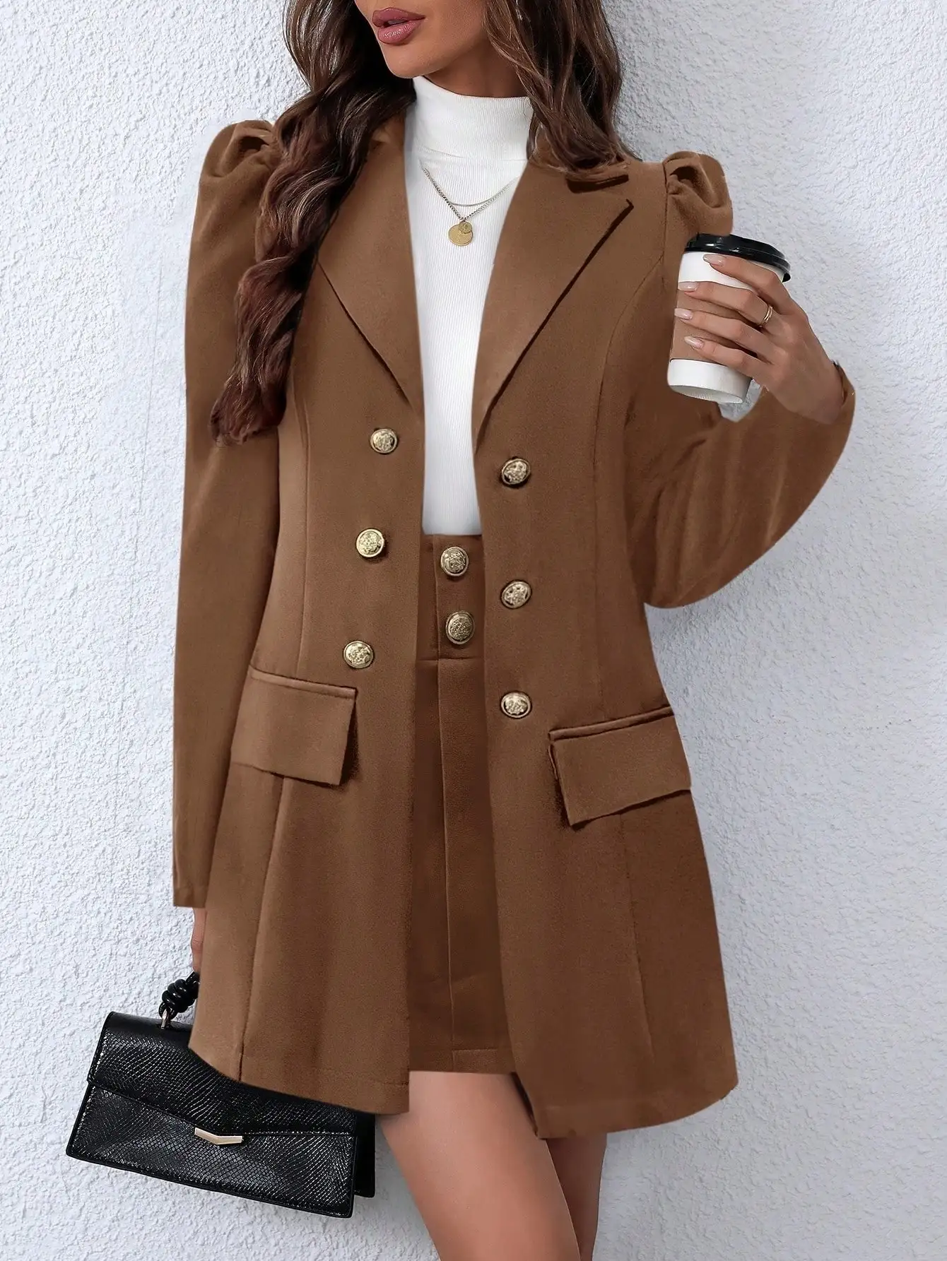 

Женский коричневый двубортный блейзер и юбка, комплект с пышными рукавами, золотыми пуговицами, элегантная офисная одежда