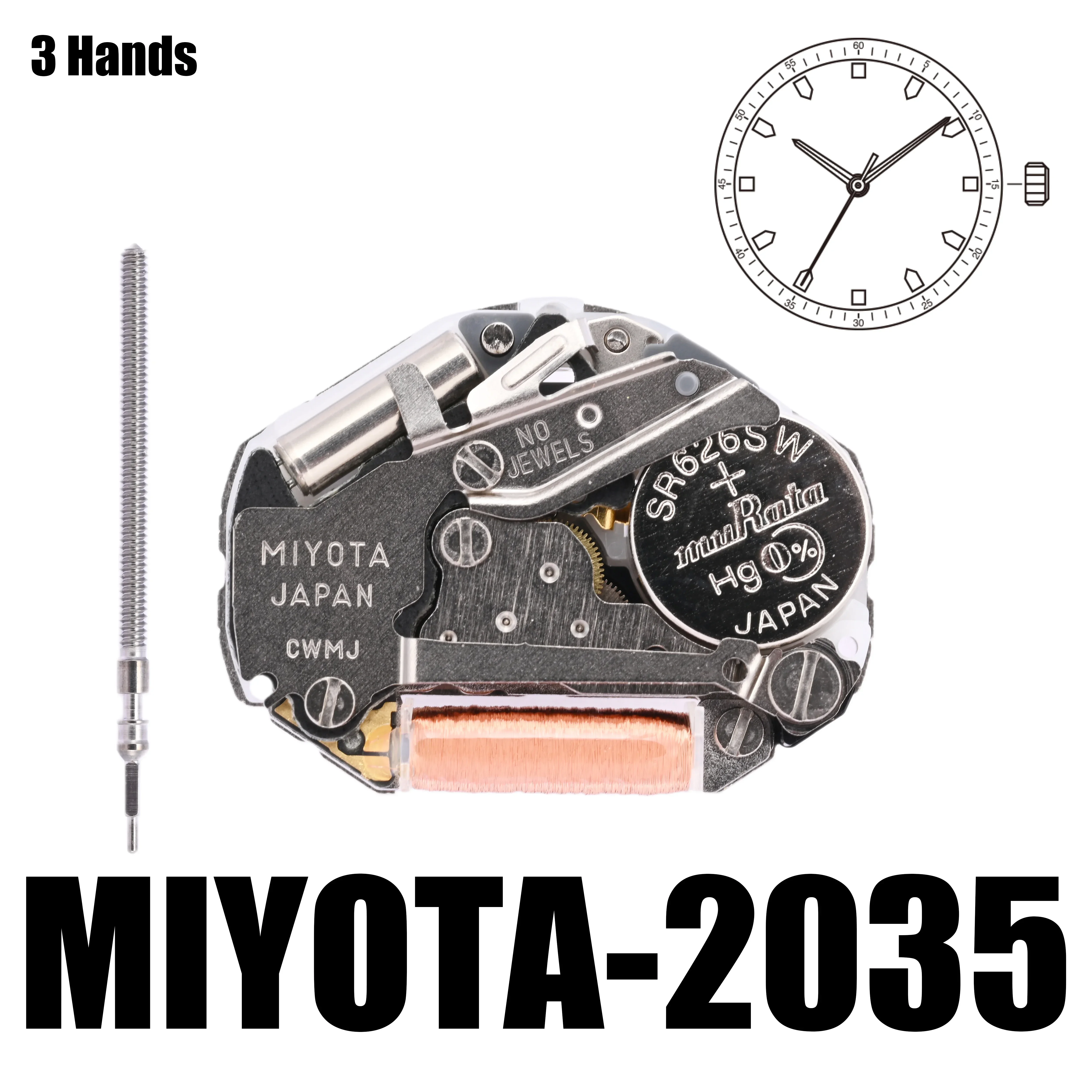 Miyota-標準の石英動きホワイト、3つのハンドサイズ、3、4x8 \'\'、高さ3.15mm、エンジン、金属の動き、日本製、2035