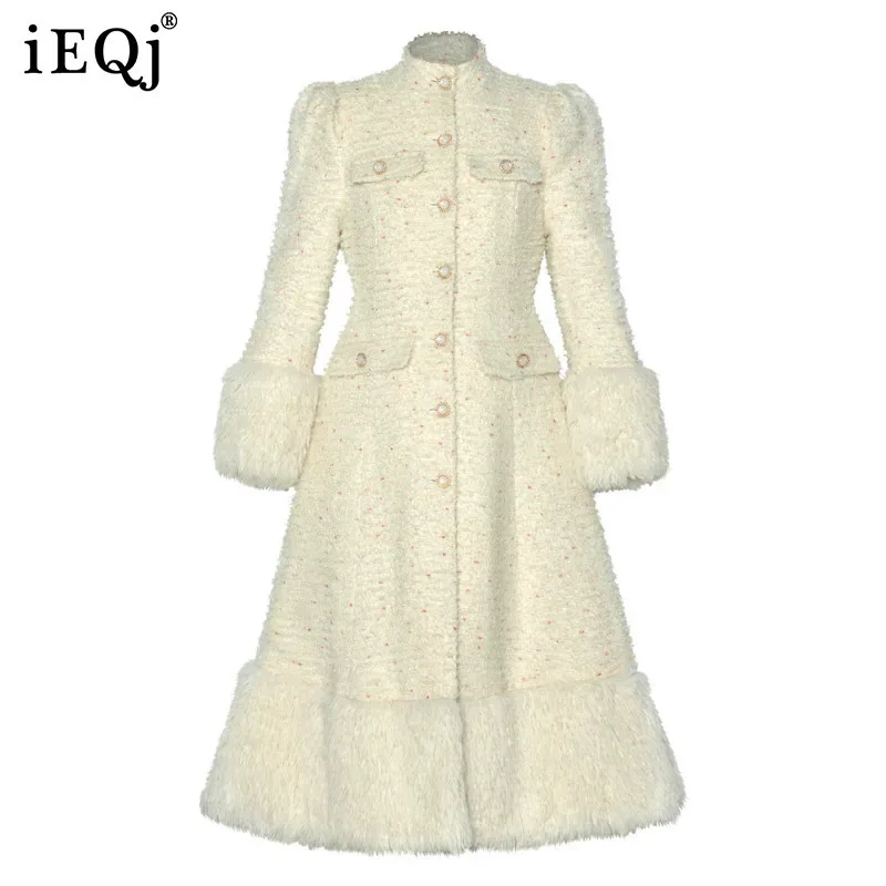 IEQJ Women's Elegant Overcoat Outerwear Stand Neck Long Sleeve Single Breasted Waist Pocket Large Swing Princess Coat 3WM3968