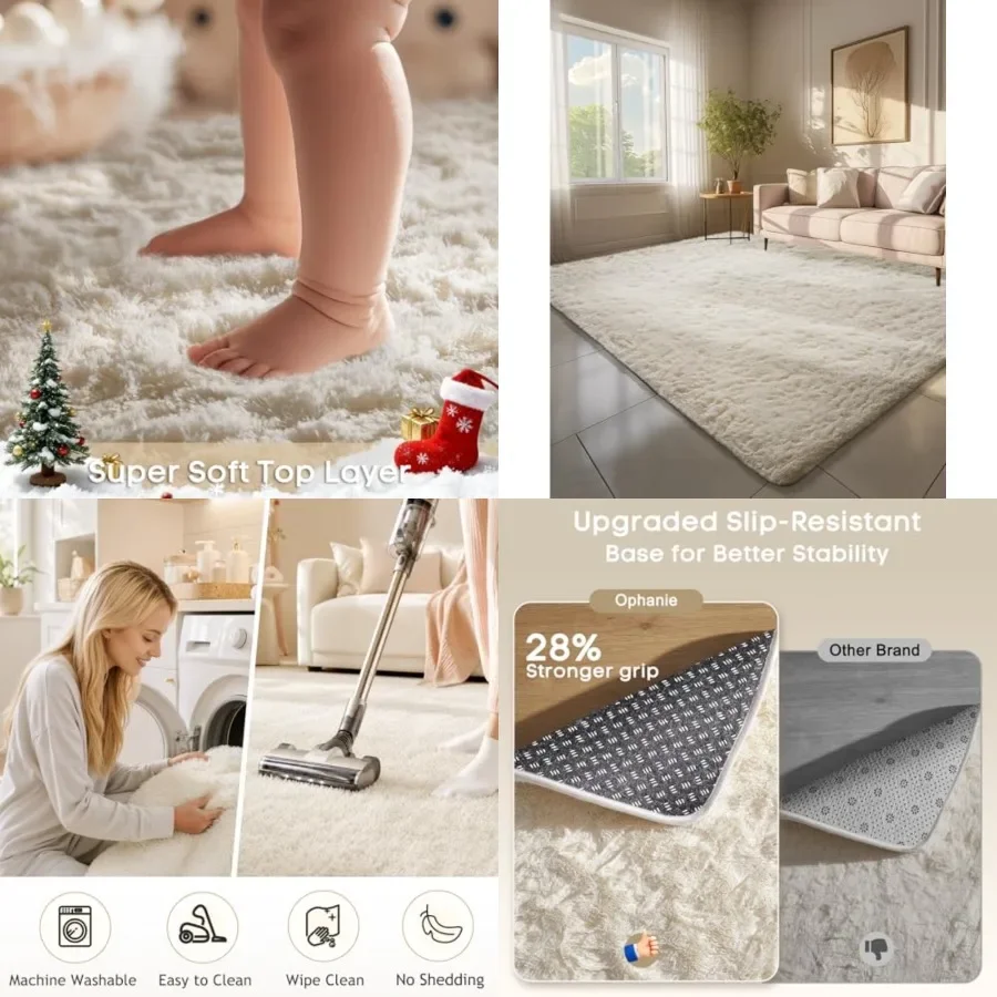 

6x9 Area Rugs, Upgrade Non-Slip Fluffy Soft Rugs for Living Room, Large Shag Ivory Fuzzy Plush Rug, Shaggy Big Carpets for Bedr
