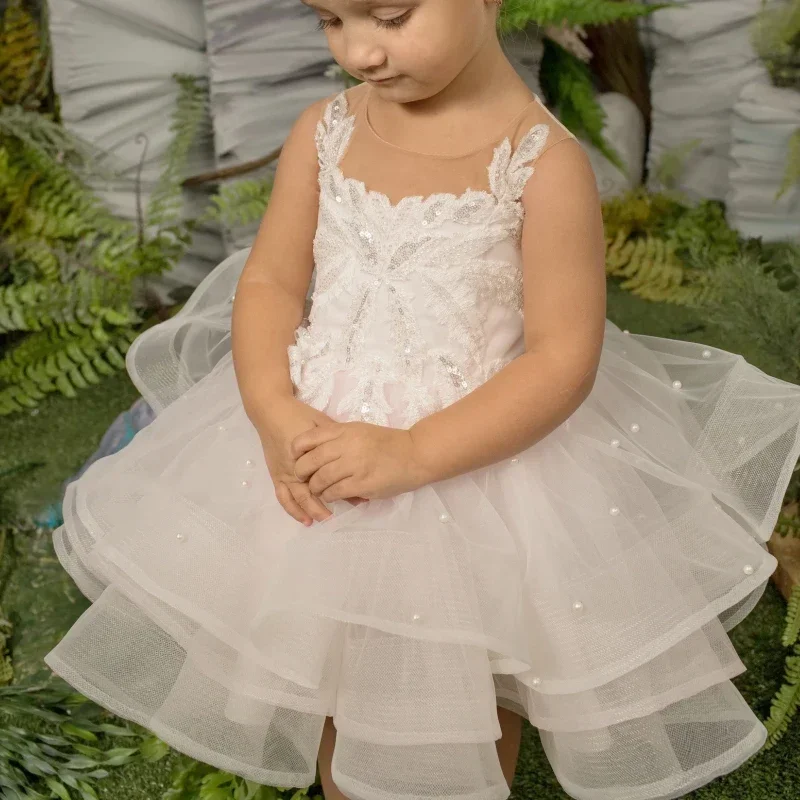 Flower Girl Dresses Light Pink Tulle Tiered Flory Pattern Sleeveless For Wedding Birthday Party First Communion Gowns baby