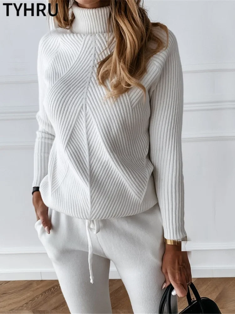 TYHRU Autumn Winter Women\'s tracksuit Solid Color Striped Turtleneck Sweater and Elastic Trousers Suits Knitted Two Piece Set