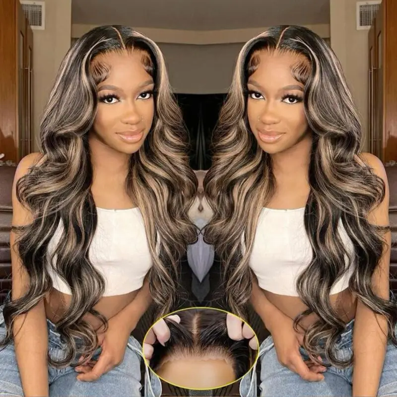 4/27 Highlight 13x4 Colored Lace Front Wigs Ombre Blonde Body Wave Human Hair Wig Brazilian 13x6 HD Transparent Lace Frontal Wig