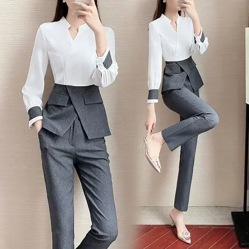 High Quality Designer Autumn Suit Women Pants 2 Piece Set Elegant Office Lady Outfits Hit Color Blouse and Pants Fashion Sets