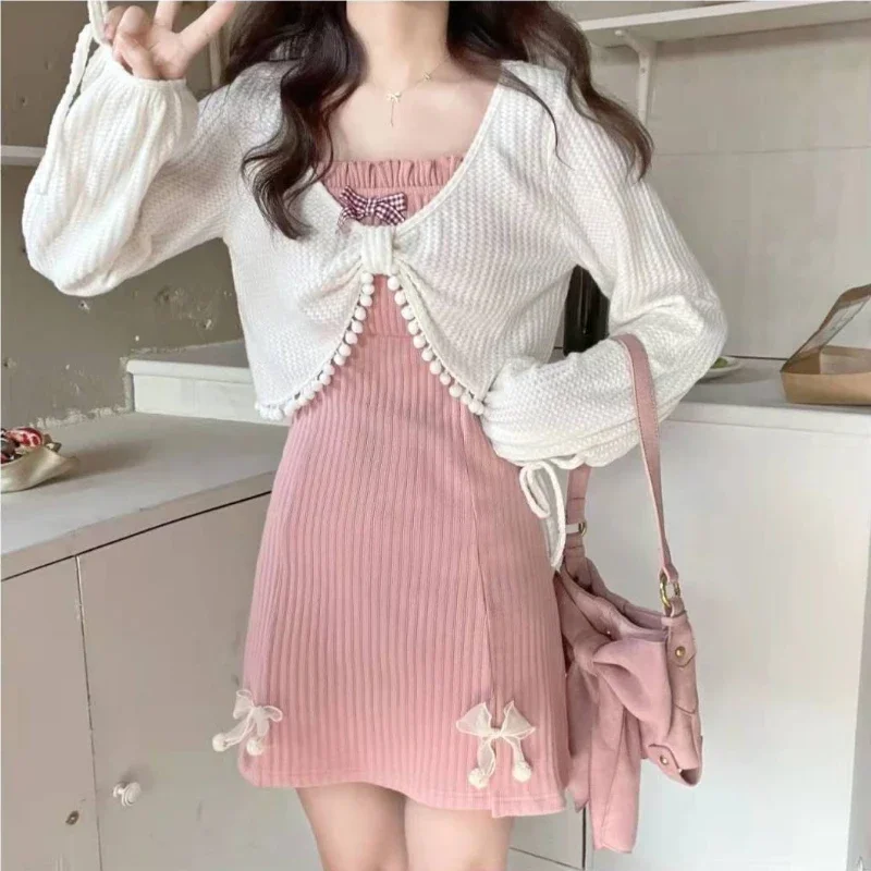 

Cardigan Dress Sets Women Solid Bow Bandage Sweet Sexy Kawaii Design Retro Classic Casual Chic Ins College Korean Style Mujer