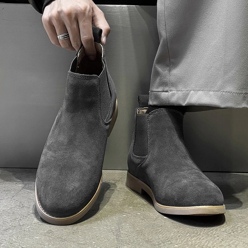 

Chelsea Boots Men Suede High Top Pointed Low Heel Comfortable Business Formal Men Boots