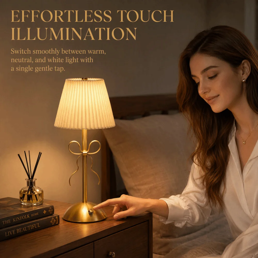 French Style Bow Table Lamp Luxury Type-C Rechargeable Rechargeable Small Lamp Wireless 3-color Changing