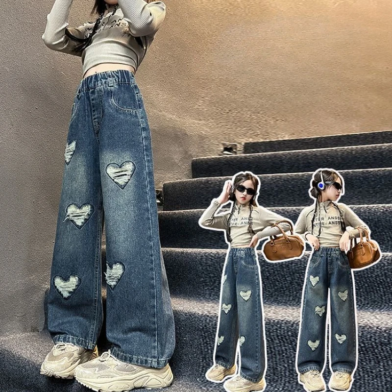 

Spring Heart Cutouts Girls Jeans Autumn Children Dark Denim Baggy Pants All-Season Versatile Streetwear for Big Kids 4-12Y