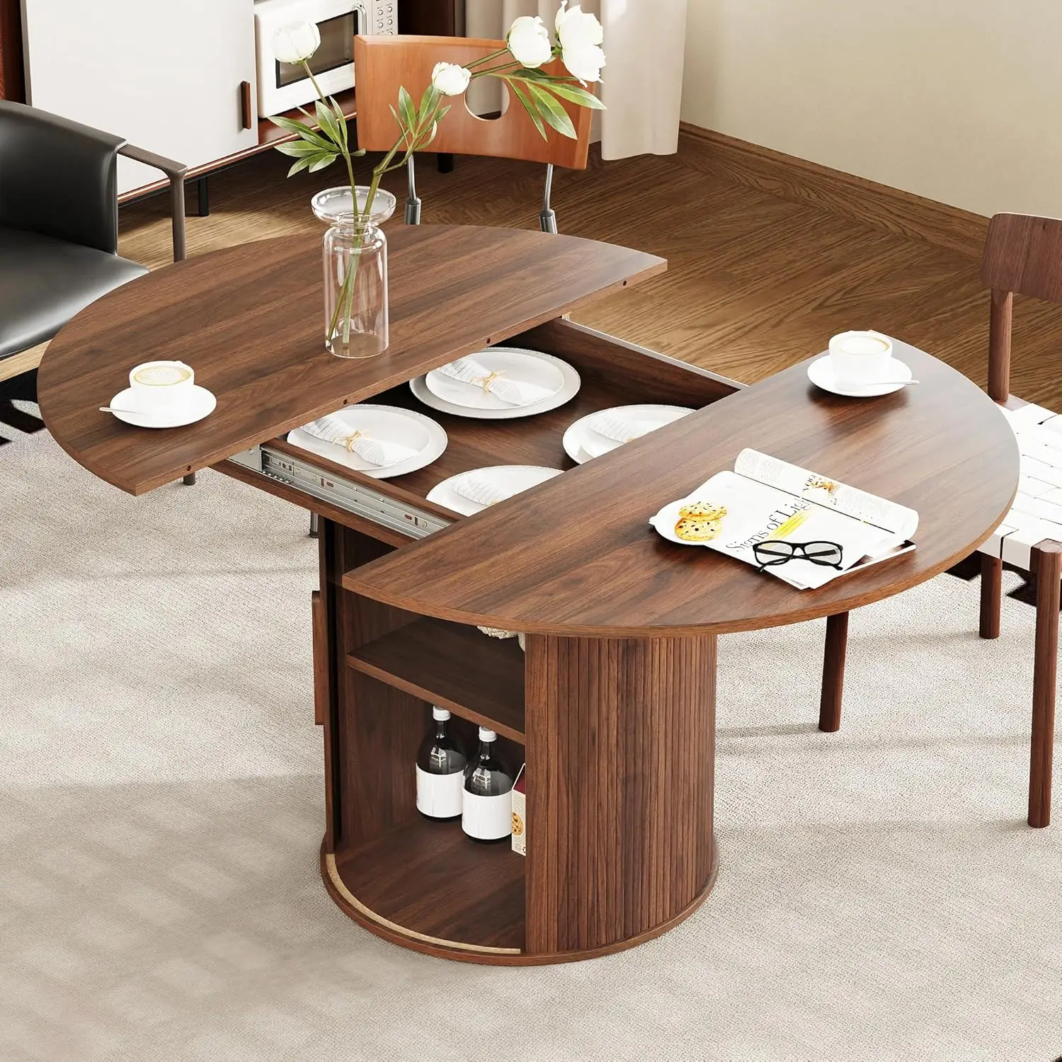 43"-59" Extendable Round to Oval Dining Table with Hidden Storage, Modern Wooden Kitchen Table with Fluted Sliding Door, Custom