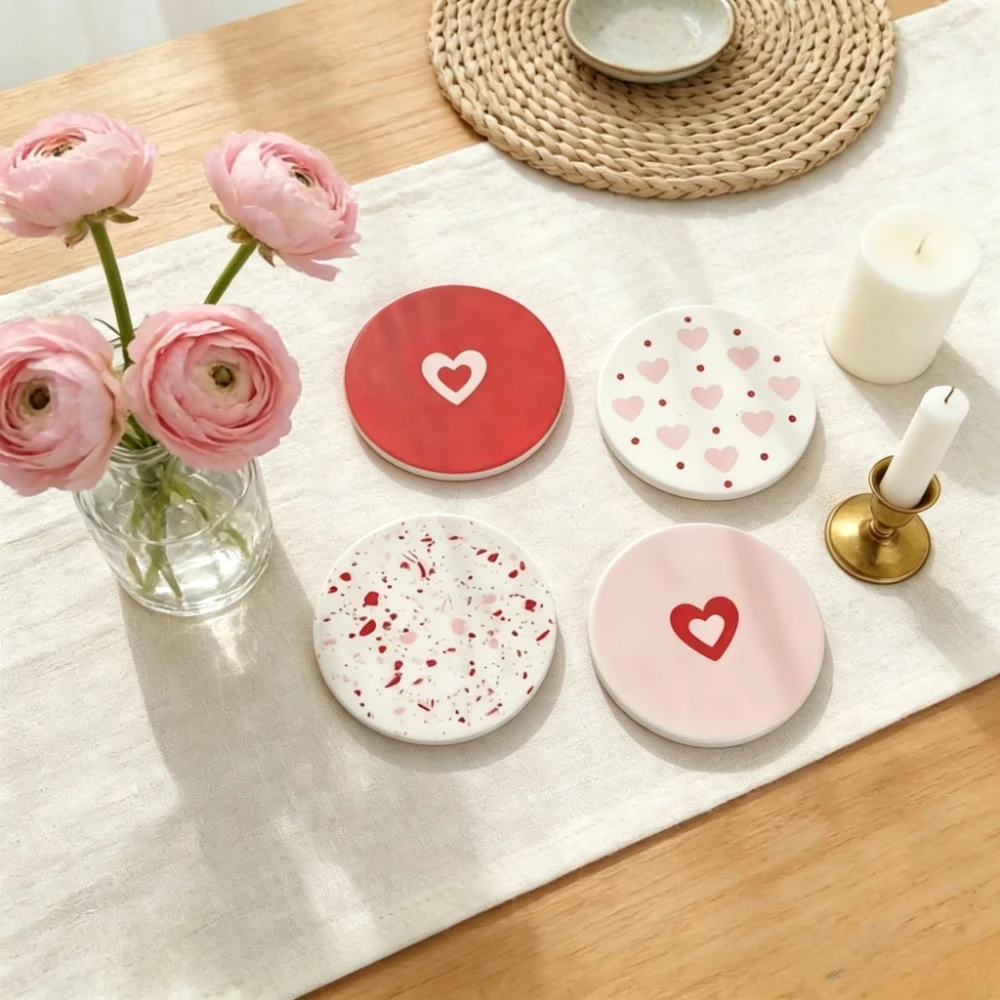 Acrylic Coaster with Pink, White, and Red Heart Pattern – Waterproof, Heat-Resistant Coffee Cup Mat