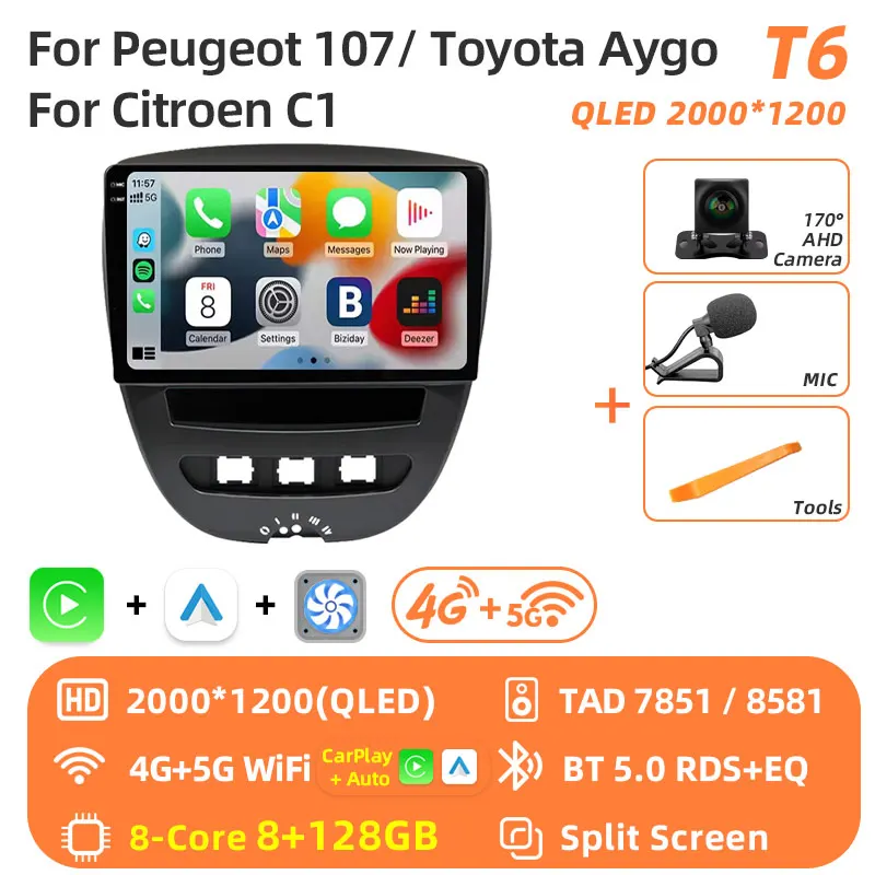 Android 16 2 Din Auto Multimedia Speler Voor Peugeot 107 Toyota Aygo Citroen C1 2005-2014 Head Unit Stereo GPS navigatie BT WIFI