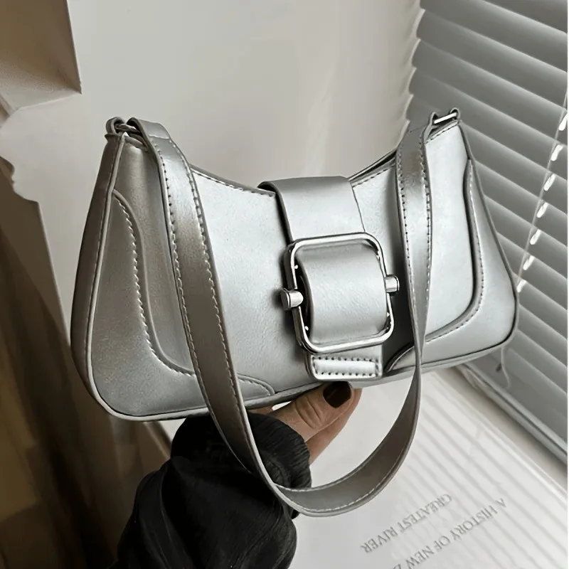 Fashion Vintage Buckle Shoulder Bag Solid Color Y2k Women's Armpit Bag Cuasal Leisure PU Leather Handbag Girls