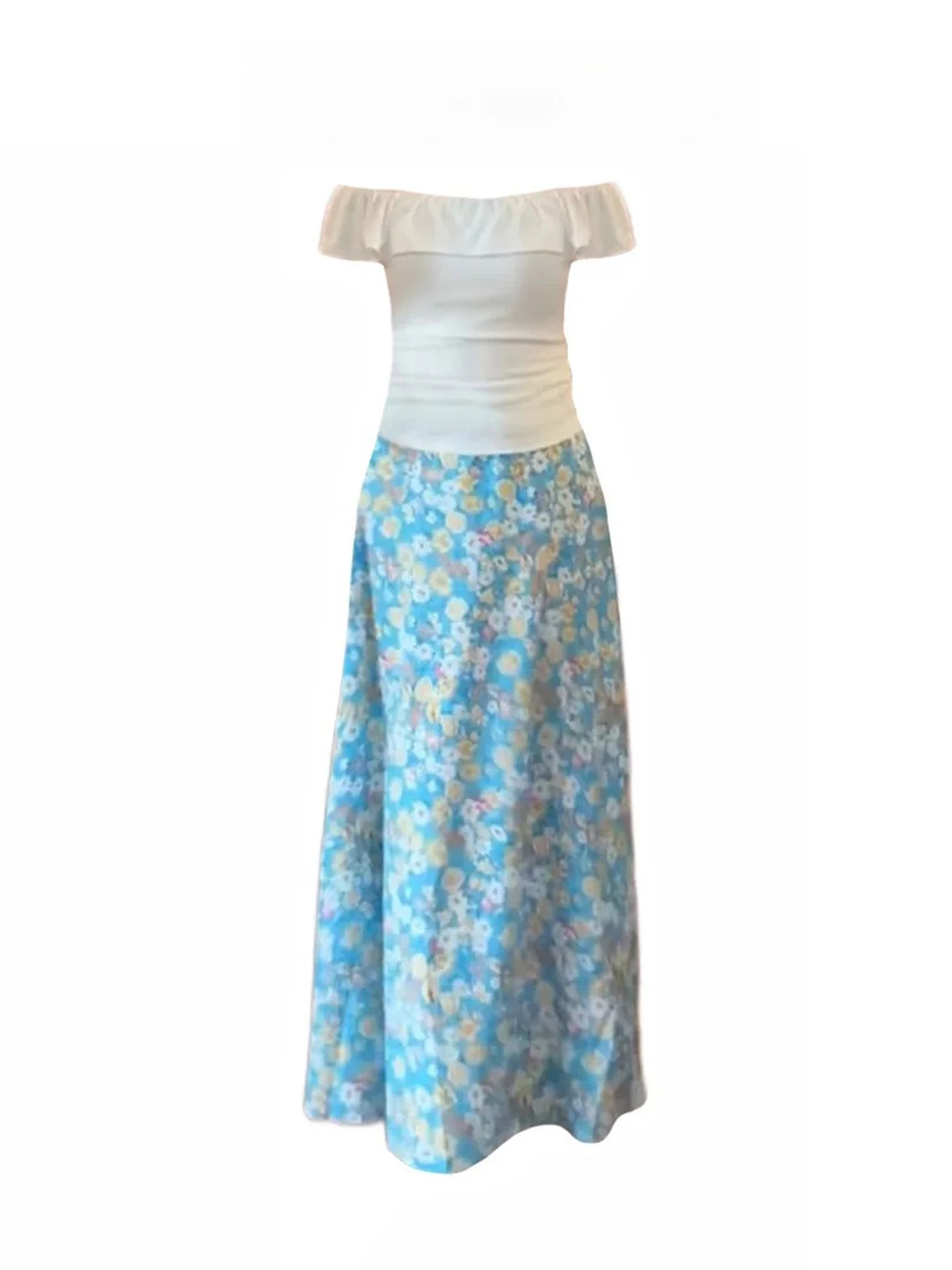

Summer Floral Print Halter Vest And Skirt Set Women's Drawstring Cover up Two Piece Outfit Breathable Short Sleeve round Neck