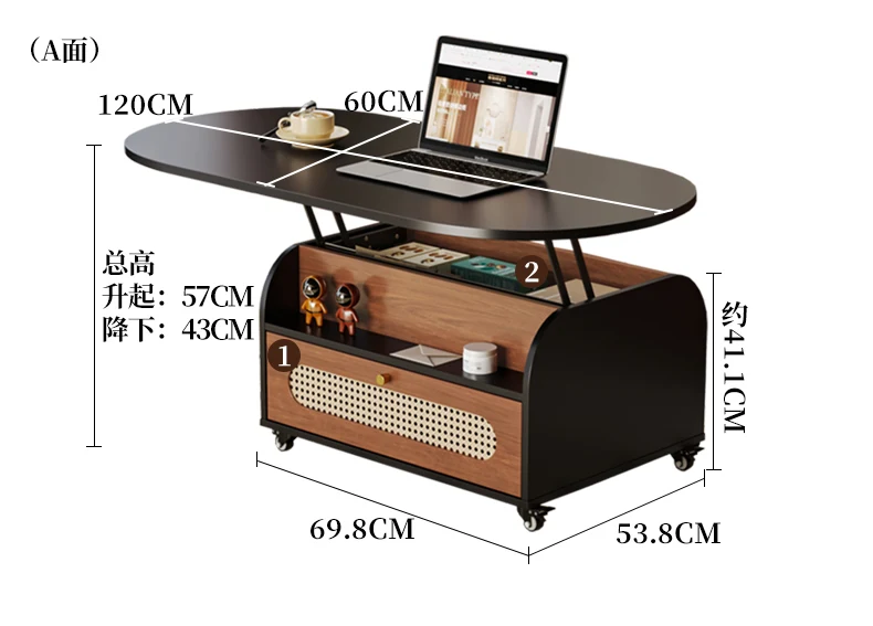 

Medieval style movable lifting coffee table Solid wood double-sided storage rattan living room table Small apartment c