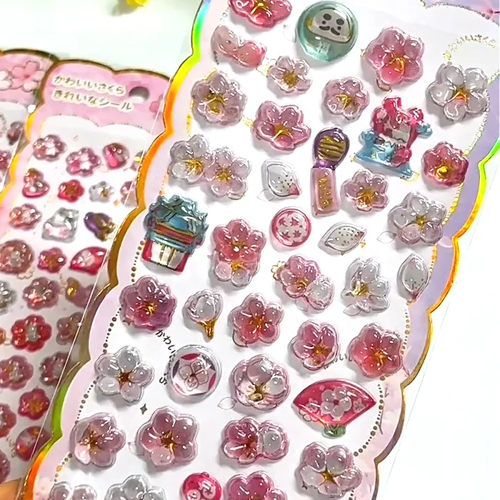 Kawaii Japanese 3D Daruma Wind Chime Torii Gate Cherry Blossom Relief Crystal Sticker for Scrapbooking Cute Decor School Supply