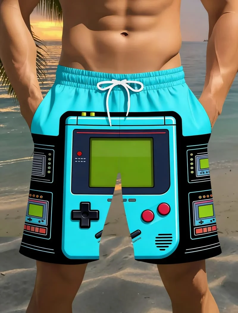 

Мужские модные повседневные шорты с винтажным принтом - пляжные шорты с принтом игровой консоли, камеры и радио для повседневной носки и серфинга