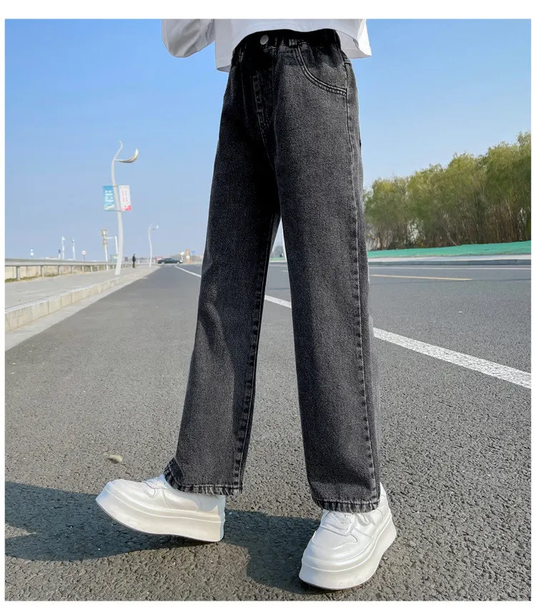 2027 Lässige Jeans für Mädchen, Teenagerkleidung, elastische High-Waist-Denim-Hose mit weitem Bein, Frühlings-Modelle für ältere Kinder, gerade Hose, 5-14 Jahre – Detail 5