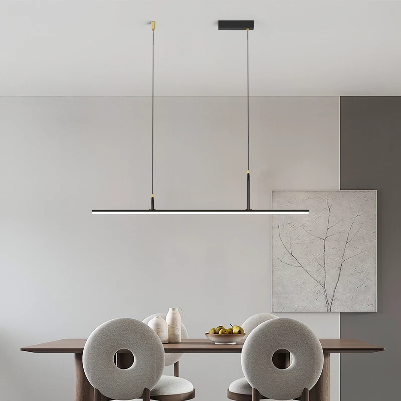 Simple Led Restaurant Pendant Lights Modern Luxury One-word Long Office Bar Table Wrought Iron Chandeliers Dimmable With Remote