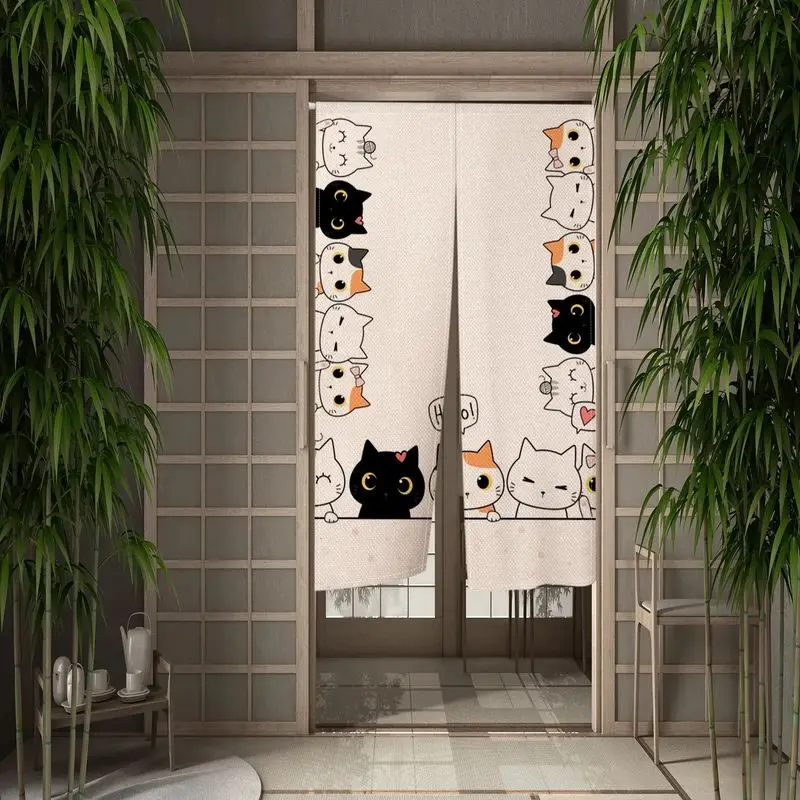 VIKAMA Black White Orange Cat Print Japanese Noren Rod Pocket Door Curtain Bathroom Closet Partition Room Divider Home Decor