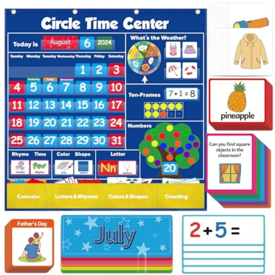 

Настенный календарь-плакат для детского сада Circle Time Learning Center: погодный датышок, счеты, алфавит, десятичная рамка, цвета.