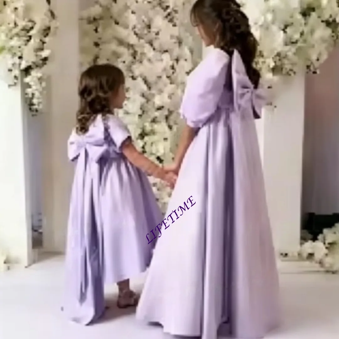 

CustomizabElegant A-Line Princess Flower Girl Dress with Bow, Suitable for Children's Wedding Parties, High-Waist Puff Sleeve Co