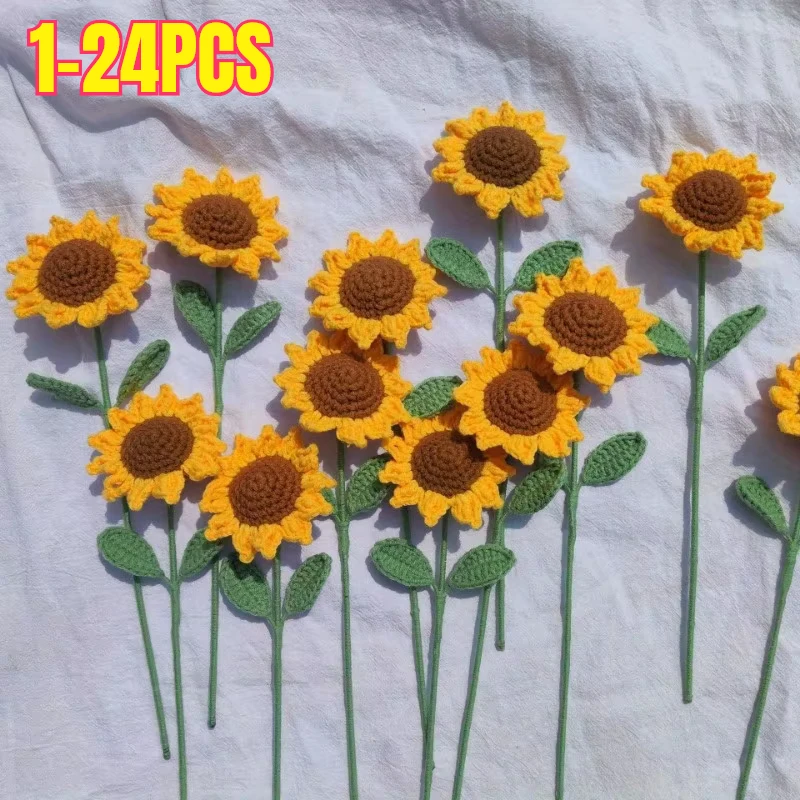 1-24Pcs Sunflower Hand Woven Bouquet Creative Wool Knitting Flower Sunflower Decorations Teachers Day Mother S Day Birthday Gift