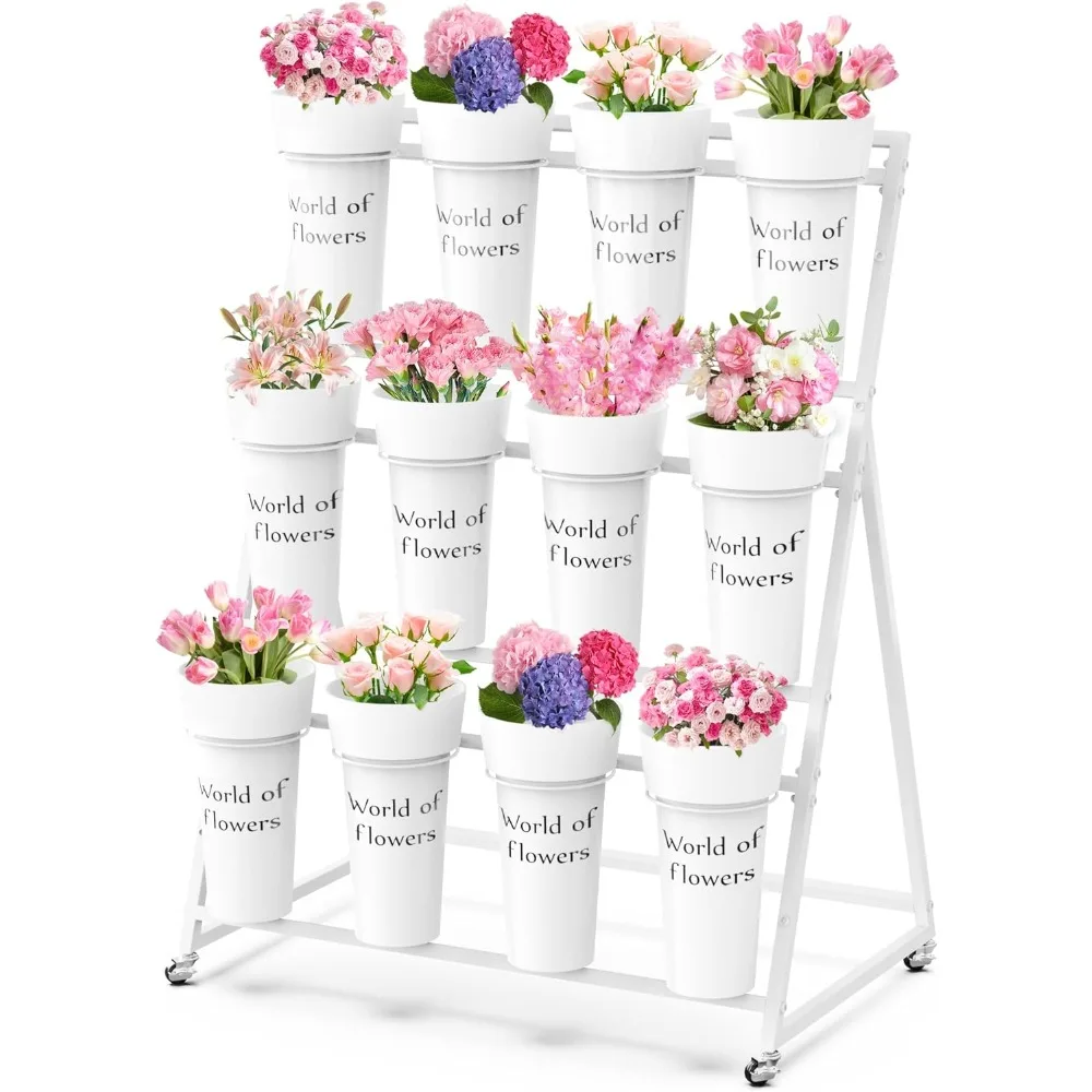 Three-Tier Metal Flower Stand with 12 Buckets, White Mobile Florist Cart for Displaying Bouquets