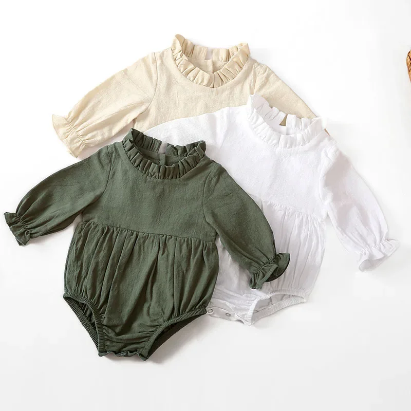 Bodysuits & One-Pieces New Long-sleeved Cotton Linen Newborn Romper Solid Color Flying Sleeves Lace Neckline Onesie image 2