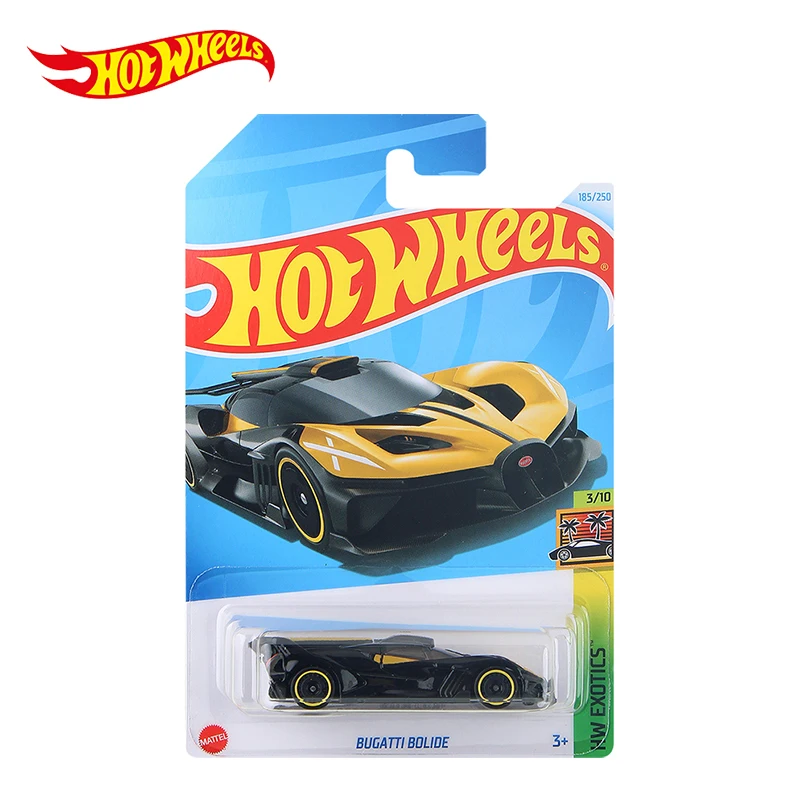 Roda panas Bugatti Bolide hitam/Emas #185 2024K HW Exotics 1/64 kendaraan Diecast Model mainan untuk anak laki-laki hadiah C4982