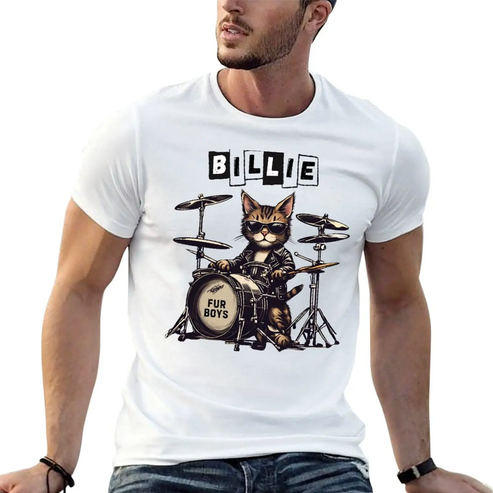 

cat drummer rocker fur boy T-Shirt t shirts for man pack cotton man t shirts for men T-Shirt