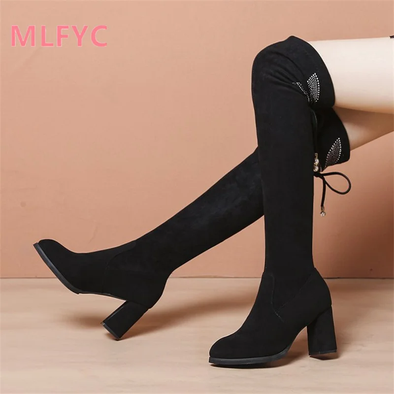 

Fashion Boots Winter Style Pointed Tip Thickened High Heel Over Knee Boots Women Elastic Rhinestone Butterfly Thick Heel Boots