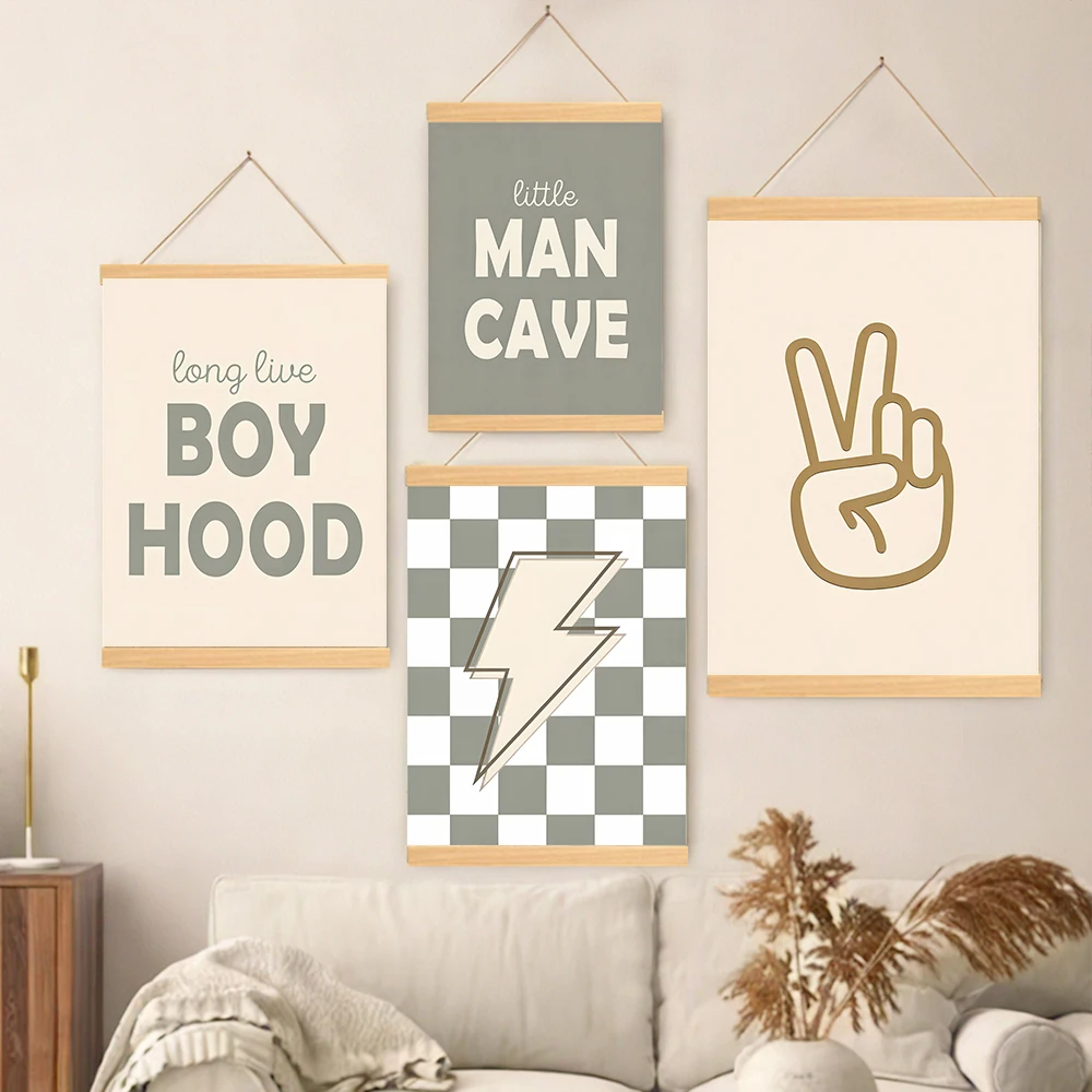 Preppy Boys Solid Wood Hanging Little Man Cave, Checkered Lightning, Peace Sign, Long Live Boyhood Poster Prints Educational Art