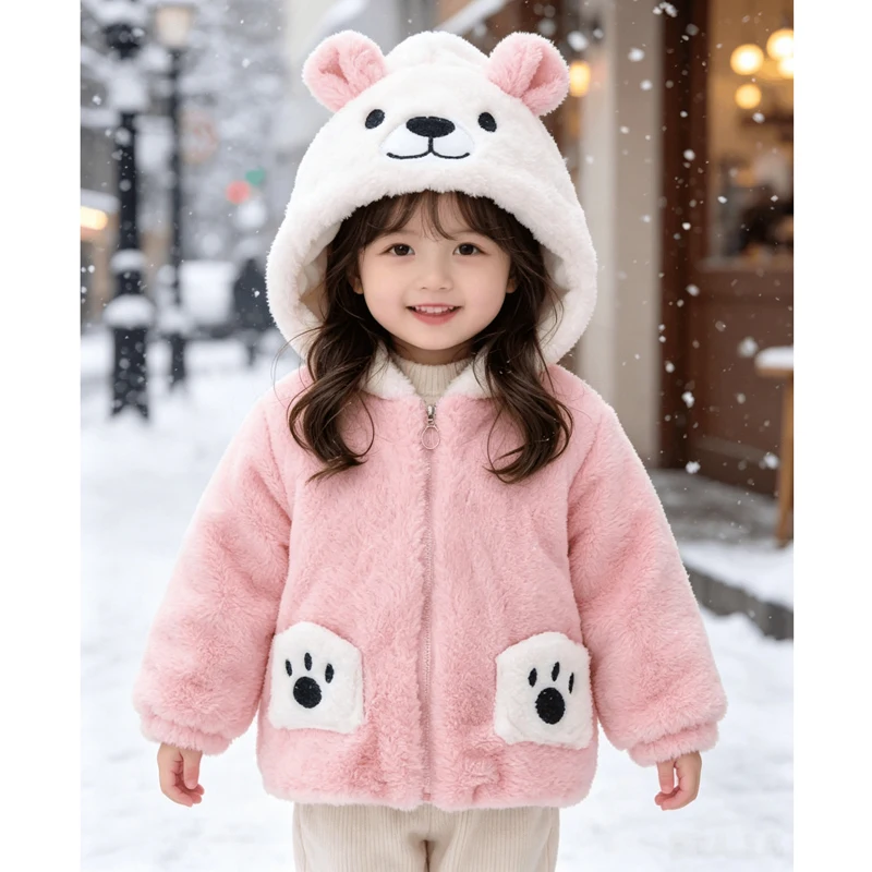 2026 Winter New Fake Fur Girls Jacket Patchwork Cartoon Bear Print Fleece-Lined Thick Hooded Coats For 1-6Y kids Warm Outerwear