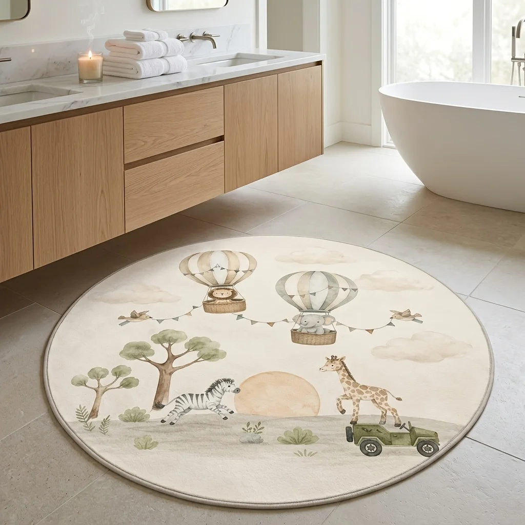 Adorable Kids Round Play Rug Jungle Safari Animal Theme Nursery Decor Cartoon Hot Air Balloon Soft Sponge Floor Mat Bath Rug Gif