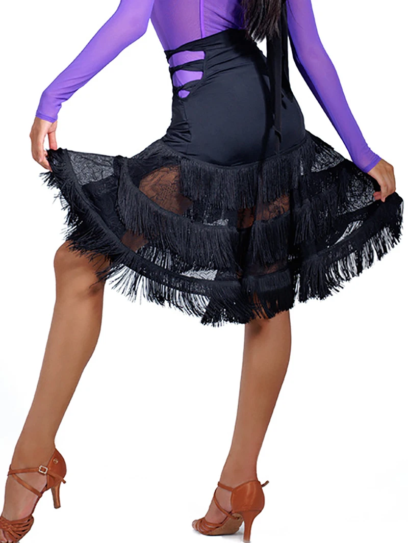 Vestido de baile latino para Mujer, traje de capas con borlas de encaje, falda Swing grande, ropa de baile de salón corta, Chacha, Rumba, Tango