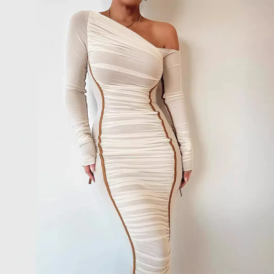 Spring New Women's Clothing Long-sleeved Mesh Stitching Slanted Shoulder Medium and Long Dress Fashion Pleated Dress Women's