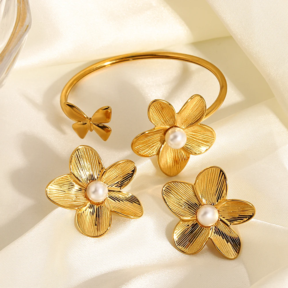 

DODOHAO Stainess Steel Jewelry Set Pearl Flower Open Bracelets Flower Stud Earrings For Women Elegant Gold Color Accessories
