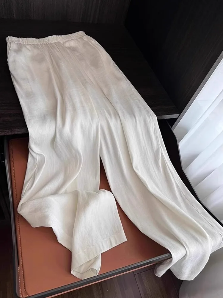 Pantaloni a gamba larga in lino di cotone bianco Pantaloni estivi larghi casual a gamba dritta da donna Pantaloni lunghi a vita alta Pendolari Sle Coreano F...