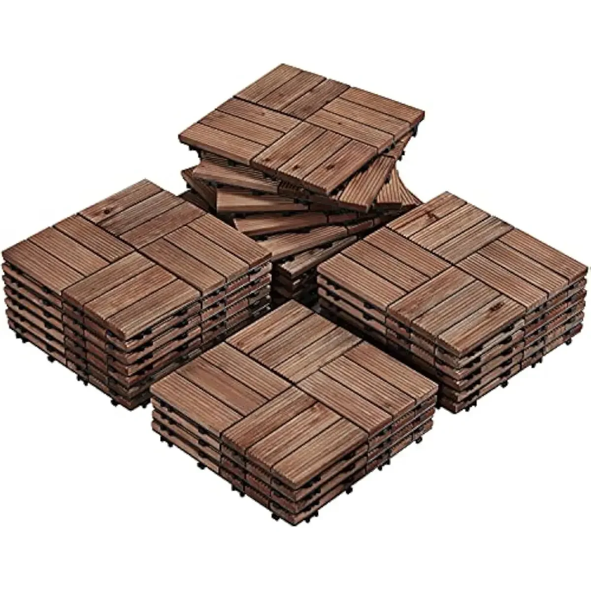 27-Piece Rectangular Outdoor Deck Tile Set 12x12 Inches with Interlocking PP Base and Natural Fir Wood Surface Brown Finish Weat
